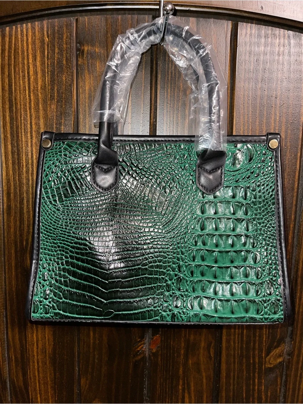 SHEIN Green Croc-Embossed Satchel with Black Trim